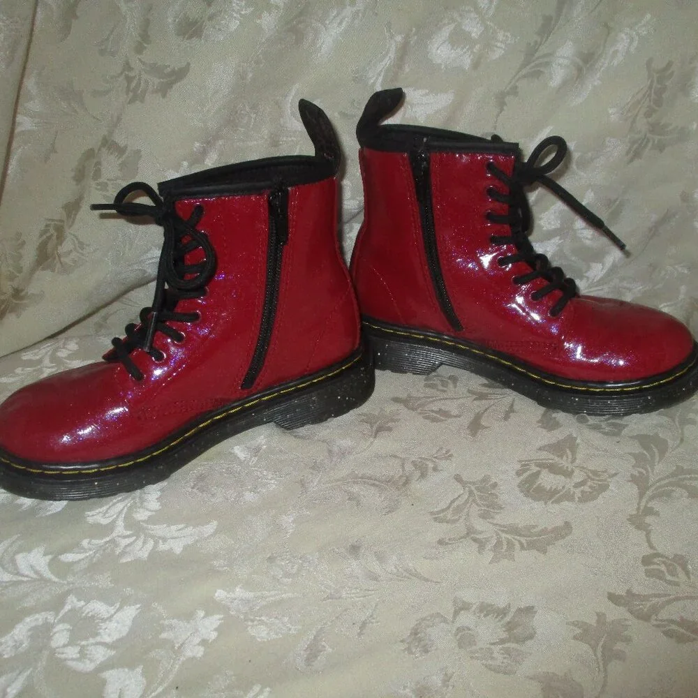 Dr. Martens Kids Red Patent Leather Lace-Up Boots